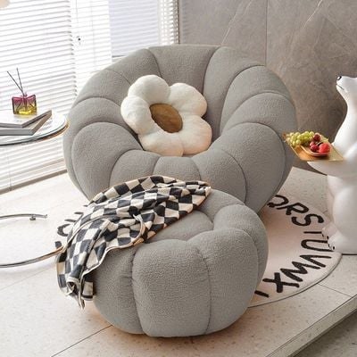 Maple Home Nordic Pumpkin Lazy Couch,Single Sofa&Footstool,Lamb Plush Fabric 360°Swivel Sofa,Grey