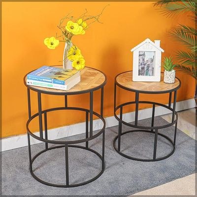 Round End table, Set Of 2 Wooden Nightstand End table, End table with Metal Frame, Anti-Rust Waterproof Center Tables, Coffee Table for Living Room, Bedroom, Balcony, Office, Apartment