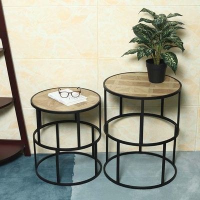 Round End table, Set Of 2 Wooden Nightstand End table, End table with Metal Frame, Anti-Rust Waterproof Center Tables, Coffee Table for Living Room, Bedroom, Balcony, Office, Apartment - Image 3