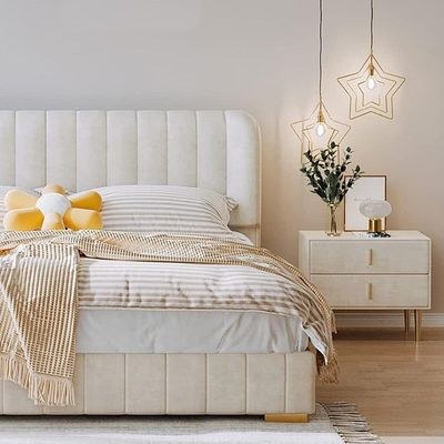 Buoyant Floating Wingback Velvet Upholstery Luxury Bed for Bedroom ( Off-White ) - Image 3