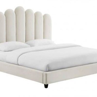 Keline Velvet Upholstery Rectangular Bed ( Cream ) - Image 3