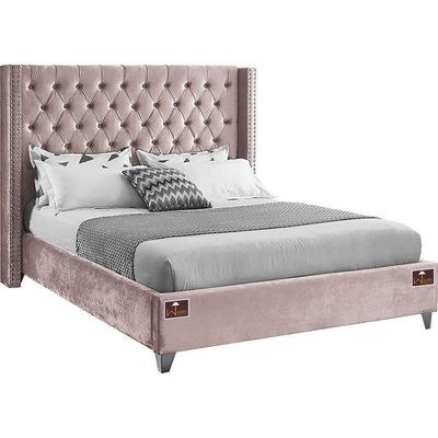 Upholstered Panel Bed Frame with Diamond Tufted and Nailhead Trim Wingback Headboard, Queen Size - Image 2