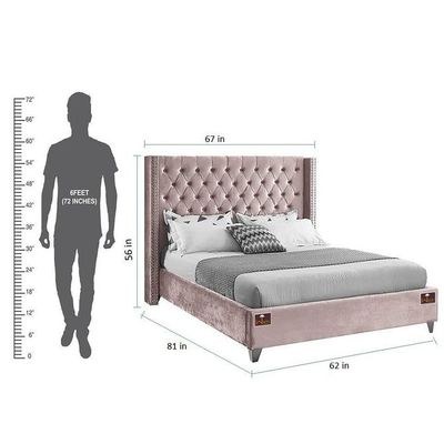 Upholstered Panel Bed Frame with Diamond Tufted and Nailhead Trim Wingback Headboard, Queen Size - Image 5