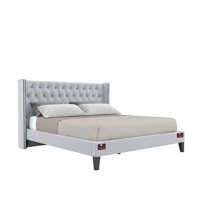 Upholstered Panel Bed Frame with Diamond Tufted and Nailhead Trim Wingback Headboard - Image 2