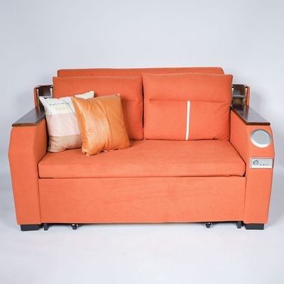 Extendable 2 in 1 Sofa Bed with Side Pockets, Bottom and Side Storage, USB Ports, Bluetooth and Speaker+ 150 cm Outside + Orange