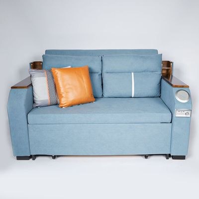 Extendable 2 in 1 Sofa Bed with Side Pockets, Bottom and Side Storage, USB Ports, Bluetooth and Speaker+ 150 cm Outside + Blue