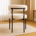Round Upholstered Boucle Dining Room Chair Mid-Century Modern Kitchen Chairs Curved Backrest Chairs for Dining Room Black Metal Legs