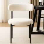 Round Upholstered Boucle Dining Room Chair Mid-Century Modern Kitchen Chairs Curved Backrest Chairs for Dining Room Black Metal Legs