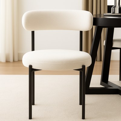 Round Upholstered Boucle Dining Room Chair Mid-Century Modern Kitchen Chairs Curved Backrest Chairs for Dining Room Black Metal Legs - Image 3