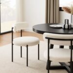 Round Upholstered Boucle Dining Room Chair Mid-Century Modern Kitchen Chairs Curved Backrest Chairs for Dining Room Black Metal Legs