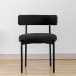 Round Upholstered Boucle Dining Room Chair Mid-Century Modern Kitchen Chairs Curved Backrest Chairs for Dining Room Black Metal Legs