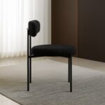Round Upholstered Boucle Dining Room Chair Mid-Century Modern Kitchen Chairs Curved Backrest Chairs for Dining Room Black Metal Legs