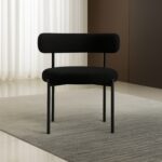 Round Upholstered Boucle Dining Room Chair Mid-Century Modern Kitchen Chairs Curved Backrest Chairs for Dining Room Black Metal Legs