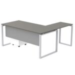 Mahmayi Carre 5116L L-Shaped Modern Workstation Desk with Storage Drawer, Computer Desk, Square Metal Legs with Modesty Panel - Grey - Ideal for Home, Office