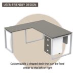 Mahmayi Carre 5116L L-Shaped Modern Workstation Desk with Storage Drawer, Computer Desk, Square Metal Legs with Modesty Panel - Grey - Ideal for Home, Office