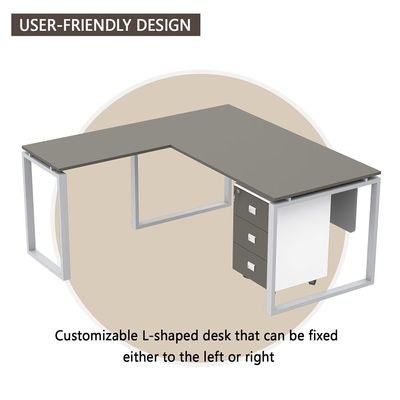 Mahmayi Carre 5116L L-Shaped Modern Workstation Desk with Storage Drawer, Computer Desk, Square Metal Legs with Modesty Panel - Grey - Ideal for Home, Office - Image 3