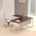 Mahmayi Carre 5116L L-Shaped Modern Workstation Desk without Drawer, Computer Desk, Square Metal Legs with Modesty Panel - Apple Cherry - Ideal for Home, Office