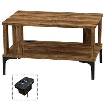 Mahmayi Modern Coffee Table with BS02 USB Port and Storage Shelf - Dark Hunton Oak