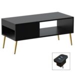 Mahmayi Modern Coffee Table with BS02 USB Port, Side Compartment and Storage Shelf - Black