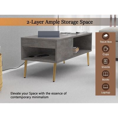 Mahmayi Modern Coffee Table with BS02 USB Port, Side Compartment and Storage Shelf - Metal Fabric Anthracite - Image 4