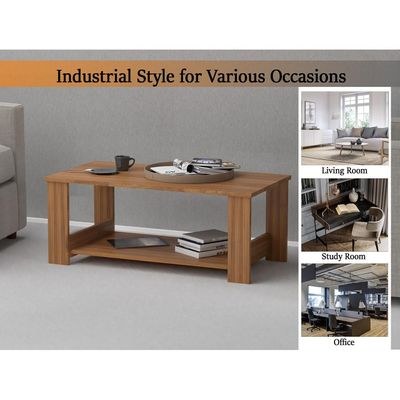 Mahmayi Modern Coffee Table with Two Tier Storage Shelf - Natural Dijon Walnut - Image 2