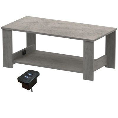 Mahmayi Modern Coffee Table with BS02 USB Port and Two Tier Storage Shelf - Light Grey Chicago Concrete