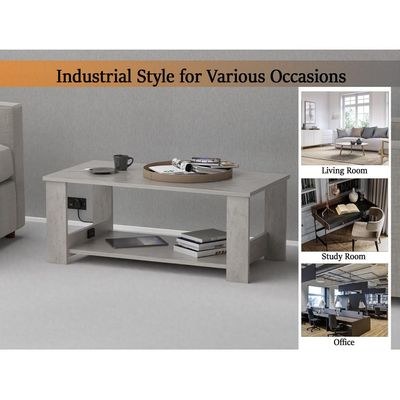 Mahmayi Modern Coffee Table with BS02 USB Port and Two Tier Storage Shelf - Light Grey Chicago Concrete - Image 2