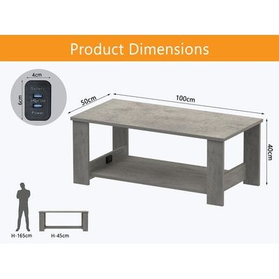 Mahmayi Modern Coffee Table with BS02 USB Port and Two Tier Storage Shelf - Light Grey Chicago Concrete - Image 5