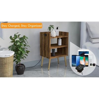 Mahmayi Modern Night Stand, Side End Table with Attached BS02 USB Charger Port and 3 Open Storage Shelf - Dark Hunton Oak - Image 2