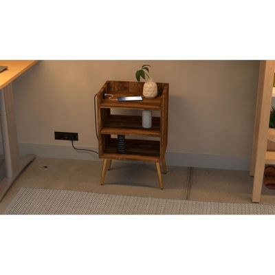 Mahmayi Modern Night Stand, Side End Table with Attached BS02 USB Charger Port and 3 Open Storage Shelf - Dark Hunton Oak - Image 3