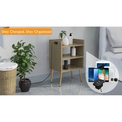 Mahmayi Modern Night Stand, Side End Table with Attached BS02 USB Charger Port and 3 Open Storage Shelf - Grey Bardilano Oak - Image 2