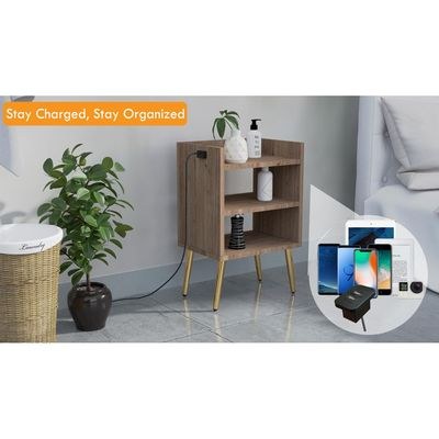 Mahmayi Modern Night Stand, Side End Table with Attached BS02 USB Charger Port and 3 Open Storage Shelf - Truffle Davos Oak - Image 2