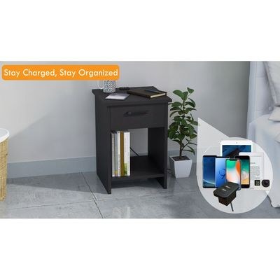 Mahmayi Modern Night Stand, Side End Table with Attached BS02 USB Charger Port, Single Drawer and Open Storage Shelf - Black - Image 2