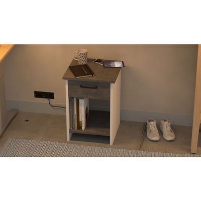 Mahmayi Modern Night Stand, Side End Table with Attached BS02 USB Charger Port, Single Drawer and Open Storage Shelf - Metal Fabric Anthracite and White - Image 3