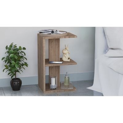 Mahmayi Modern E Shape Night Stand, Side End Table with 3 Open Storage Shelf - Truffle Davos Oak - Image 2