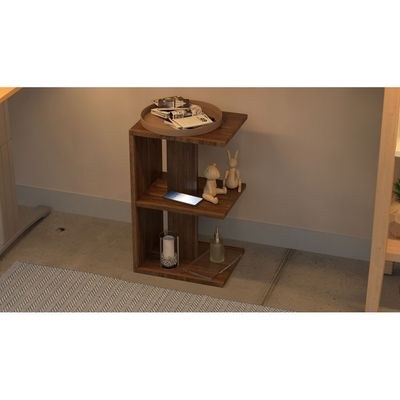 Mahmayi Modern E Shape Night Stand, Side End Table with 3 Open Storage Shelf - Truffle Davos Oak - Image 3