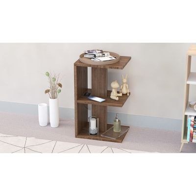 Mahmayi Modern E Shape Night Stand, Side End Table with 3 Open Storage Shelf - Truffle Davos Oak - Image 4