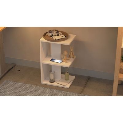 Mahmayi Modern E Shape Night Stand, Side End Table with 3 Open Storage Shelf - White - Image 3