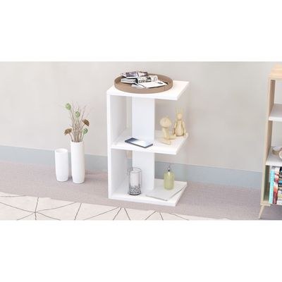 Mahmayi Modern E Shape Night Stand, Side End Table with 3 Open Storage Shelf - White - Image 4