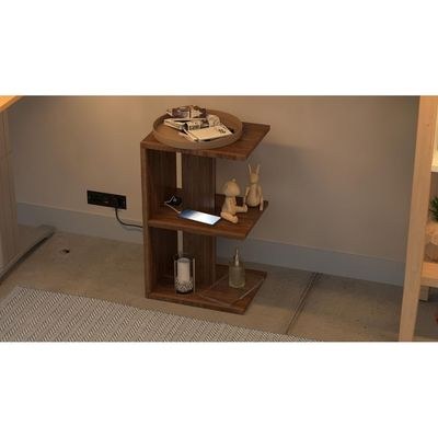 Mahmayi Modern E Shape Night Stand, Side End Table with Attached BS02 USB Charger Port and 3 Open Storage Shelf - Truffle Davos Oak