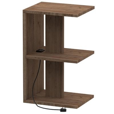 Mahmayi Modern E Shape Night Stand, Side End Table with Attached BS02 USB Charger Port and 3 Open Storage Shelf - Truffle Davos Oak - Image 2