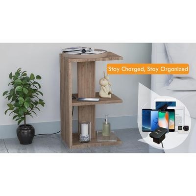 Mahmayi Modern E Shape Night Stand, Side End Table with Attached BS02 USB Charger Port and 3 Open Storage Shelf - Truffle Davos Oak - Image 3