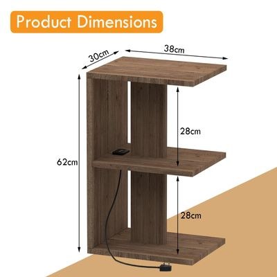 Mahmayi Modern E Shape Night Stand, Side End Table with Attached BS02 USB Charger Port and 3 Open Storage Shelf - Truffle Davos Oak - Image 5
