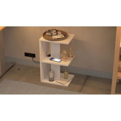 Mahmayi Modern E Shape Night Stand, Side End Table with Attached BS02 USB Charger Port and 3 Open Storage Shelf - White
