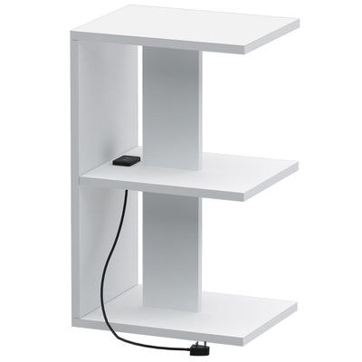 Mahmayi Modern E Shape Night Stand, Side End Table with Attached BS02 USB Charger Port and 3 Open Storage Shelf - White - Image 2