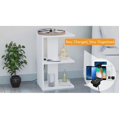 Mahmayi Modern E Shape Night Stand, Side End Table with Attached BS02 USB Charger Port and 3 Open Storage Shelf - White - Image 3