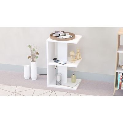 Mahmayi Modern E Shape Night Stand, Side End Table with Attached BS02 USB Charger Port and 3 Open Storage Shelf - White - Image 4