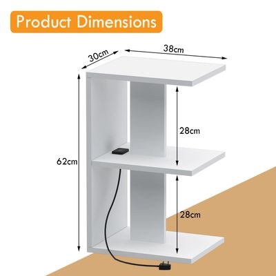 Mahmayi Modern E Shape Night Stand, Side End Table with Attached BS02 USB Charger Port and 3 Open Storage Shelf - White - Image 5