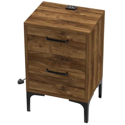 Mahmayi Modern Night Stand, Side End Table with Attached BS02 USB Charger Port and 2 Storage Drawers - Dark Hunton Oak