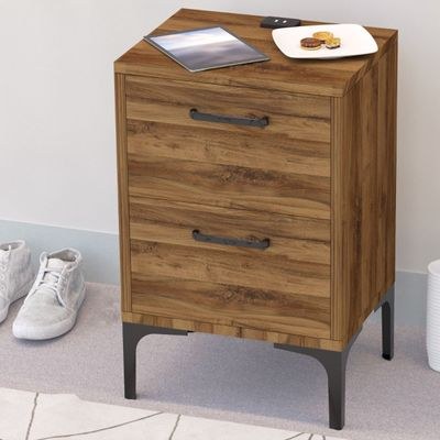 Mahmayi Modern Night Stand, Side End Table with Attached BS02 USB Charger Port and 2 Storage Drawers - Dark Hunton Oak - Image 4